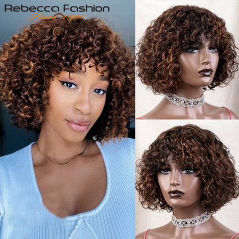 Jerry Curly Short Pixie Bob Cut Human Hair Wigs With Bang Honey Blonde Ombre Color For Black Women Remy Hair Full Machine Made