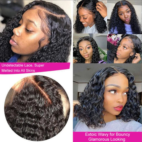 Brazilian 100% Human Deep Curly Bob Hair Wigs Natural Black Color Deep Wave HD Lace Front Part 13x4 Transparent Lace Wigs