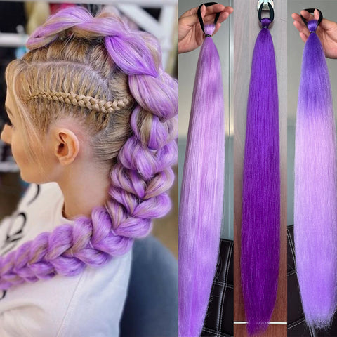 Synthetic 28Inch Long Straight Ponytail Purple DIY Braided Ponytail With Rubber Band Halloween Hair Accessories For Woman