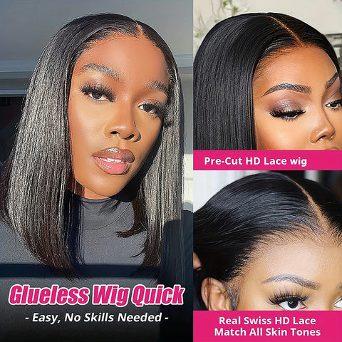7x6 Glueless Wear and Go Wigs for Beginners Lace Front Wigs for Black Women Human Hair Short Straight Bob Human Hair Wigs
