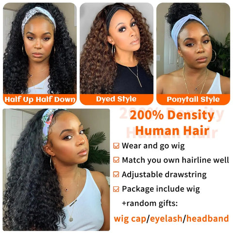 Headband Wig Human Hair Wigs 22 Inch Wear and Go Glueless Wig Curly Deep Wave Headband Wig Natural Color