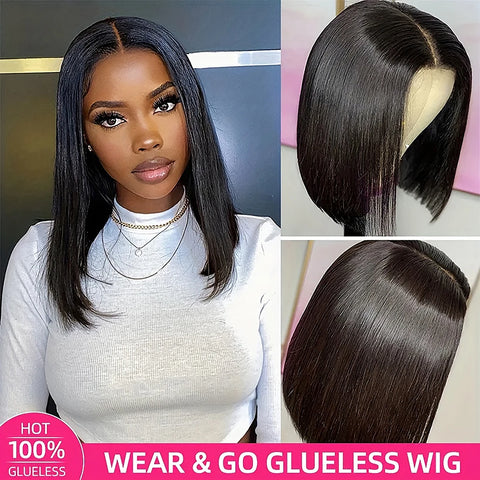 7x6 Glueless Wear and Go Wigs for Beginners Lace Front Wigs for Black Women Human Hair Short Straight Bob Human Hair Wigs