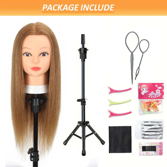 Cosmetology Mannequin Head with 100% Real Human Hair Hairdresser Manikin Training Head and Individual MINI Wig Stand Tripod