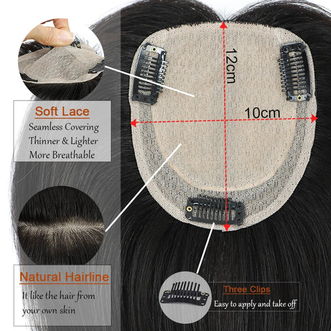Dazzeal Human Hair Toppers For Women 100% Real Straight Human Hair Clips With Bangs 10x12cm Lace Topper Hairpiece 360°Cover Top