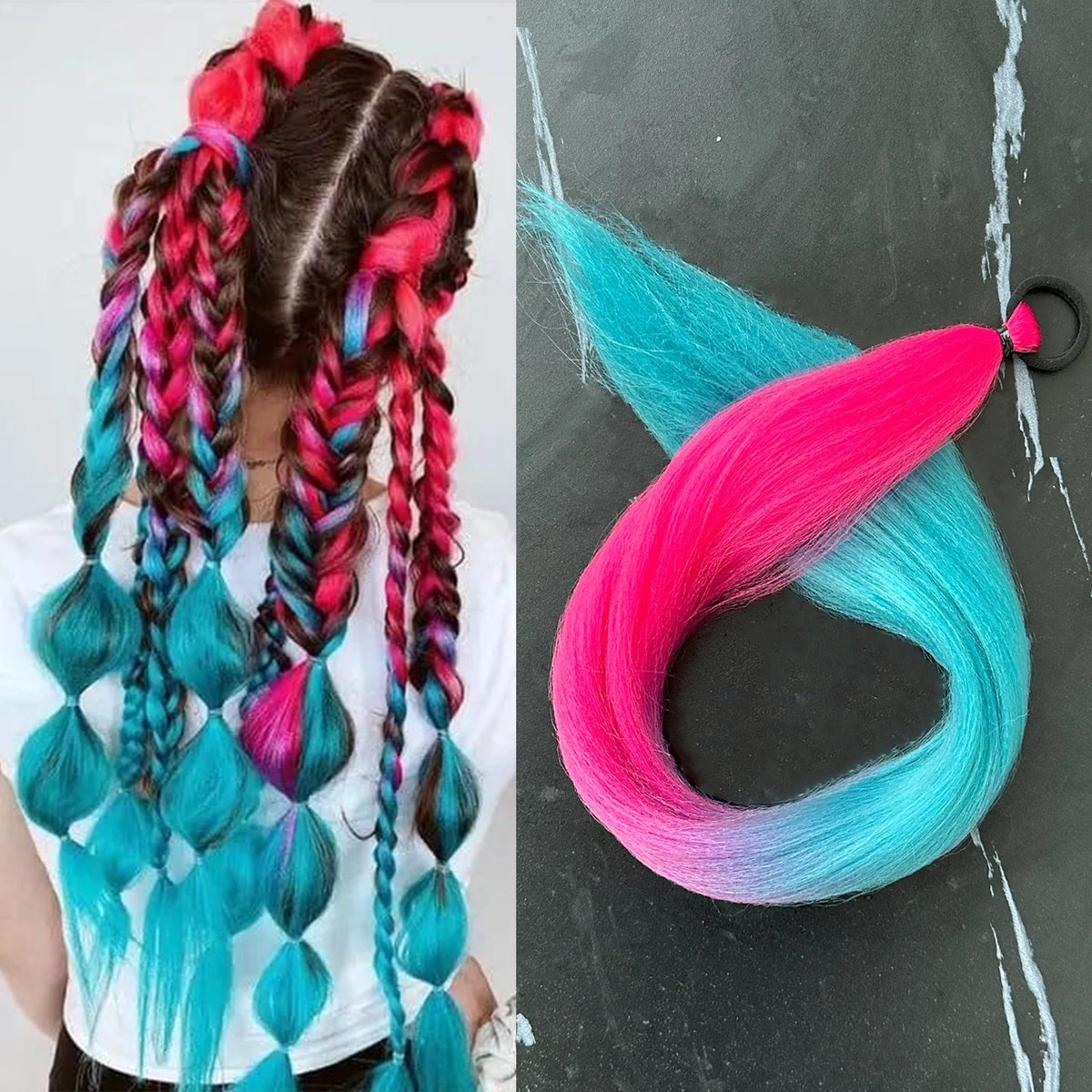 Synthetic 28Inch Long Straight Ponytail Purple DIY Braided Ponytail With Rubber Band Halloween Hair Accessories For Woman