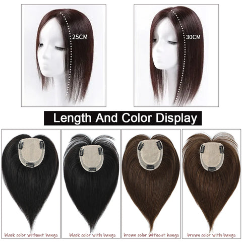 Dazzeal Human Hair Toppers For Women 100% Real Straight Human Hair Clips With Bangs 10x12cm Lace Topper Hairpiece 360°Cover Top