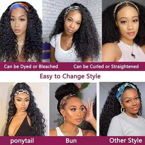Headband Wig Human Hair Wigs 22 Inch Wear and Go Glueless Wig Curly Deep Wave Headband Wig Natural Color
