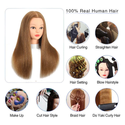 Cosmetology Mannequin Head with 100% Real Human Hair Hairdresser Manikin Training Head and Individual MINI Wig Stand Tripod