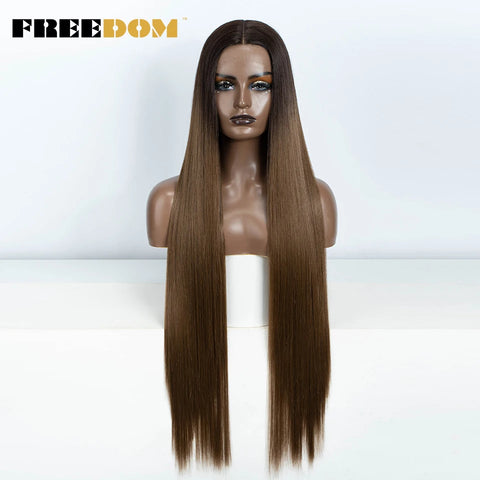 FREEDOM Straight Synthetic Lace Front Wig For Women 38 Inch Long Ombre Brown Red Blonde Hightlight Lace Frontal Wigs Cosplay Wig