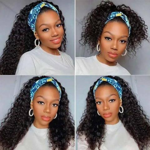 Headband Wig Human Hair Wigs 22 Inch Wear and Go Glueless Wig Curly Deep Wave Headband Wig Natural Color