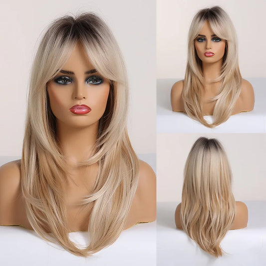 HENRY MARGU Grey Layered Synthetic Natural Wig Medium Length Straight Wig with Bangs for Women Daily Party Wigs Heat Resistant
