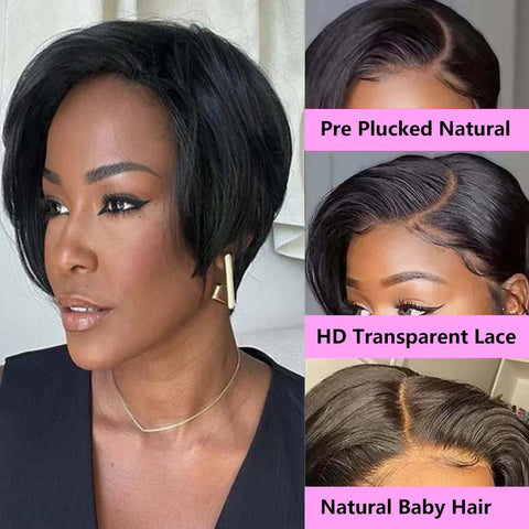 Straight Pixie Cut Human Hair Wig Short Wigs 13x4 Lace Front Wigs Human Hair Pre Plucked Pixie Cut Wig Natural For Black Women