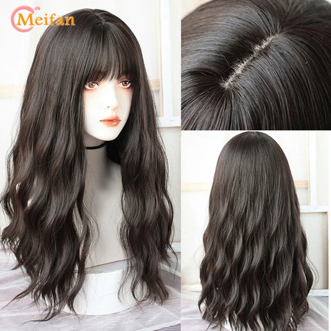 MEIFAN Synthetic Long Straight Lolita Wig with Bangs Wig Girl Cute Ombre Pink Blonde Black Cosplay Party Halloween Harajuku Wig