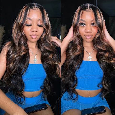 Mossily Ombre Highlight 13x4 Lace Front Wig Human Hair 1B/30 Black Brown Body Wave Wigs Transparent Lace Brazilian For Women