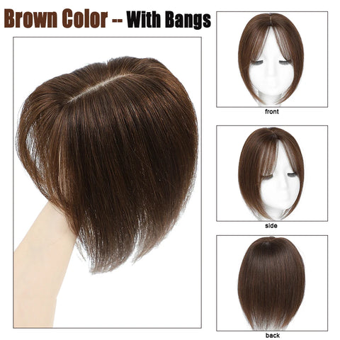 Dazzeal Human Hair Toppers For Women 100% Real Straight Human Hair Clips With Bangs 10x12cm Lace Topper Hairpiece 360°Cover Top