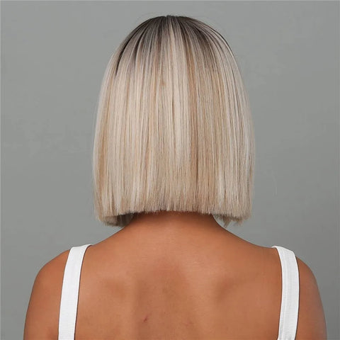 LOUIS FERRE Short Blonde Bob Synthetic Wigs With Dark Root Shoulder Length Blonde Straight Wig Mixed White Hair High Temperature