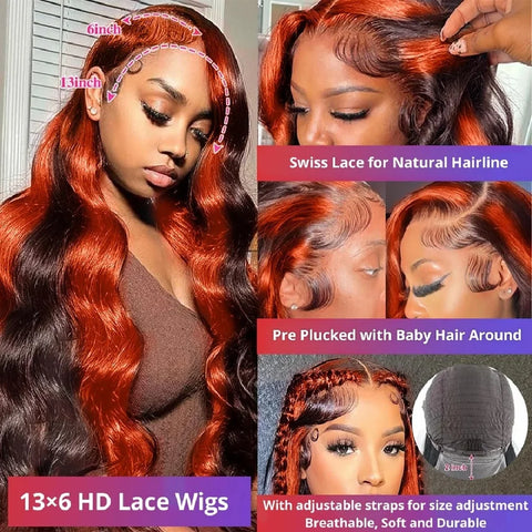 30 32 Inch Highlight 13x6 HD Lace Front Wigs Human Hair Ginger Orange 1B/350 Wet And Wavy 13x5 Body Wave Ombre Wig For Women