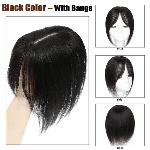 Dazzeal Human Hair Toppers For Women 100% Real Straight Human Hair Clips With Bangs 10x12cm Lace Topper Hairpiece 360°Cover Top