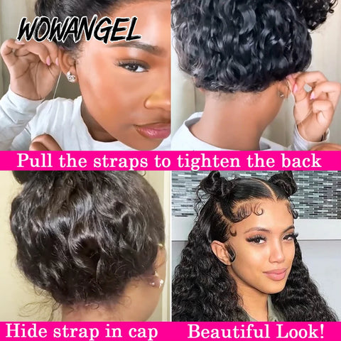 Invisible Drawstring Cap 360 HD Lace Frontal Wigs Water Wave Full Lace Wigs Glueless Human Hair Wigs High Ponytail Curly Wigs