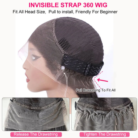 250 Density Invisi Strap 360 Full Lace Glueless Wig Invisible Drawstring Frontal Wig 30 Inch straight Lace Front Wig Human Hair