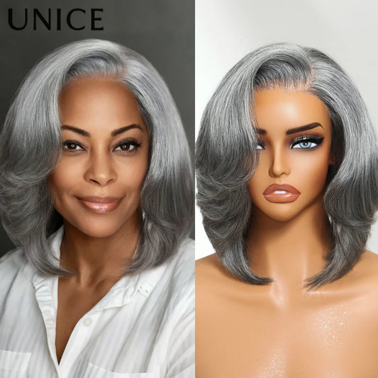 UNICE Hair Side Part Grey Bob Wig Pre Cut 6.5x1.5 Lace Layered Blowout Salt & Pepper Glueless Wig Human Hair Ready To Wear