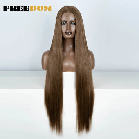 FREEDOM Straight Synthetic Lace Front Wig For Women 38 Inch Long Ombre Brown Red Blonde Hightlight Lace Frontal Wigs Cosplay Wig