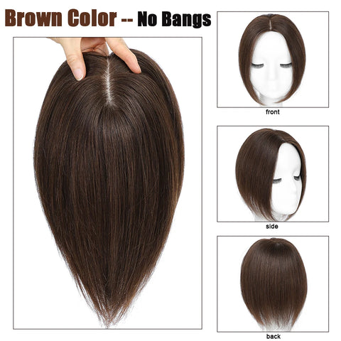 Dazzeal Human Hair Toppers For Women 100% Real Straight Human Hair Clips With Bangs 10x12cm Lace Topper Hairpiece 360°Cover Top