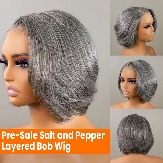 Pixie Cut Human Hair Wigs Salt And Pepper Wigs Short Bob Human Hair Wigs Wear&Go Glueless 5x5 Lace Closure Wigs Brazilian Wavy