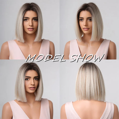 LOUIS FERRE Short Blonde Bob Synthetic Wigs With Dark Root Shoulder Length Blonde Straight Wig Mixed White Hair High Temperature