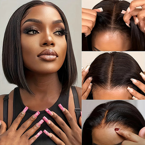 7x6 Glueless Wear and Go Wigs for Beginners Lace Front Wigs for Black Women Human Hair Short Straight Bob Human Hair Wigs