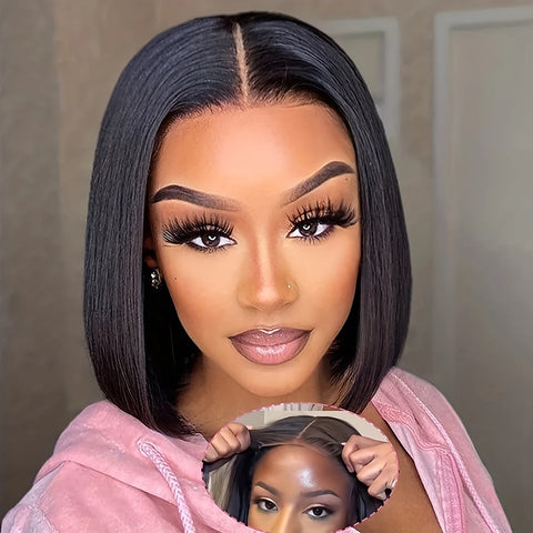 7x6 Glueless Wear and Go Wigs for Beginners Lace Front Wigs for Black Women Human Hair Short Straight Bob Human Hair Wigs