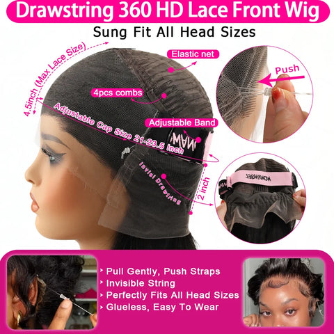 Invisible Drawstring Cap 360 HD Lace Frontal Wigs Water Wave Full Lace Wigs Glueless Human Hair Wigs High Ponytail Curly Wigs