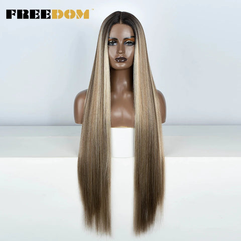 FREEDOM Straight Synthetic Lace Front Wig For Women 38 Inch Long Ombre Brown Red Blonde Hightlight Lace Frontal Wigs Cosplay Wig