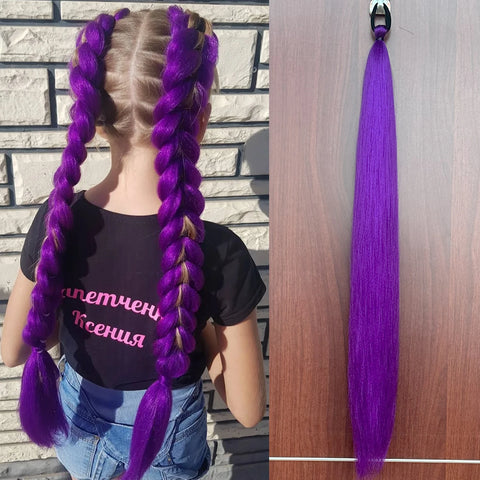 Synthetic 28Inch Long Straight Ponytail Purple DIY Braided Ponytail With Rubber Band Halloween Hair Accessories For Woman