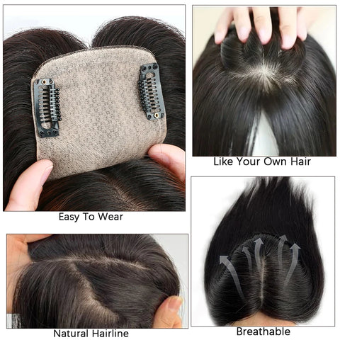 Dazzeal Human Hair Toppers For Women 100% Real Straight Human Hair Clips With Bangs 10x12cm Lace Topper Hairpiece 360°Cover Top