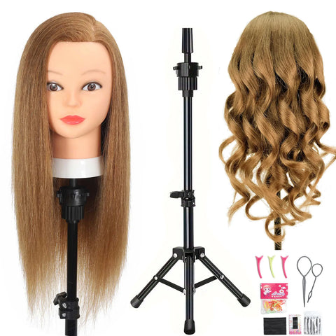 Cosmetology Mannequin Head with 100% Real Human Hair Hairdresser Manikin Training Head and Individual MINI Wig Stand Tripod