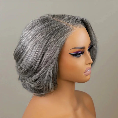 Pixie Cut Human Hair Wigs Salt And Pepper Wigs Short Bob Human Hair Wigs Wear&Go Glueless 5x5 Lace Closure Wigs Brazilian Wavy