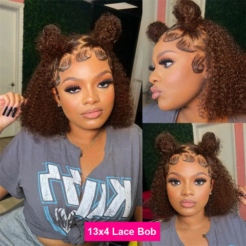 Brown kinky Curly Short Bob Wig 13x4 Bob Wigs Brazilian Water Deep Wave Human Hair Wig Preplucked For Woman Short Pixie #4 Color
