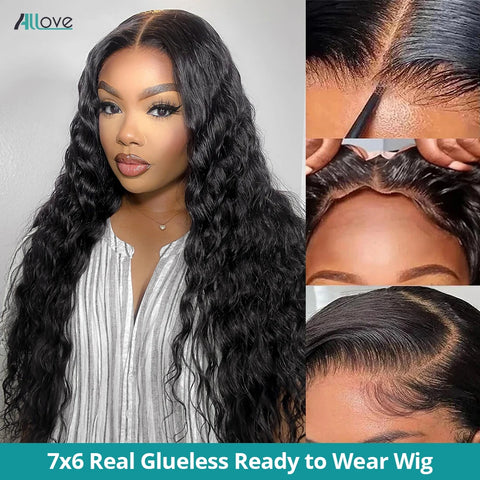Allove 7X6 Real Glueless Loose Deep Wave Lace Front Wig Ready To Go Natural Color Brazilian 100% Human Hair Easy For Women