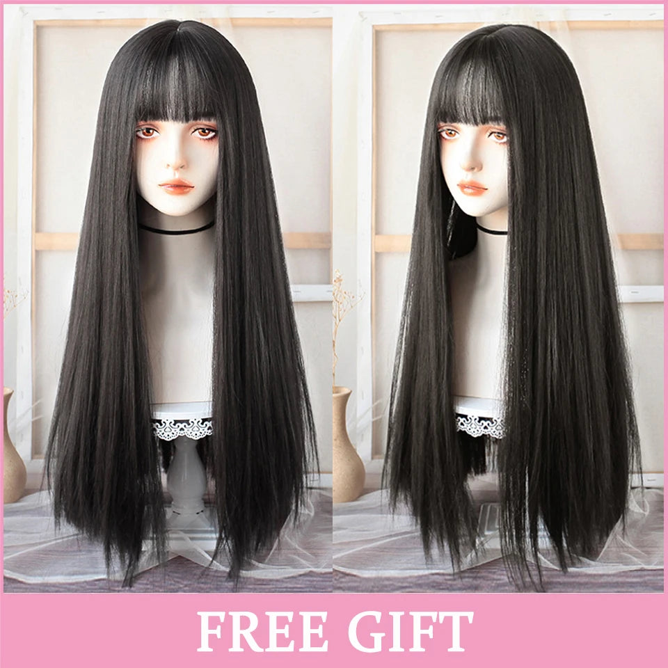 LM Synthetic Hair Long Wave Black And Pink Lolita Wigs For Women Cosplay Wig With Bangs Halloween Christmas Heat Resistant