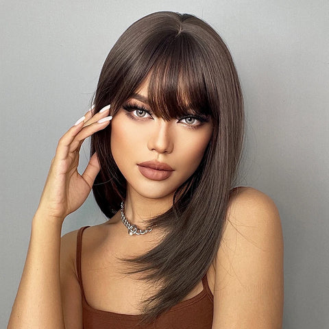 GEMMA Dark Brown BoBo Synthetic Wig with Bangs Shoulder Length Straight Wig for Women Cosplay Daily Hair Wig Heat Resistant Fibr