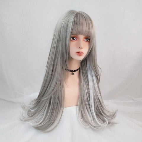 Women Long Synthetic Lolita Wig Gray Highlight Hanging Ear Dyeing Micro-Volume Wavy Cosplay Wigs