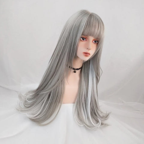 Women Long Synthetic Lolita Wig Gray Highlight Hanging Ear Dyeing Micro-Volume Wavy Cosplay Wigs