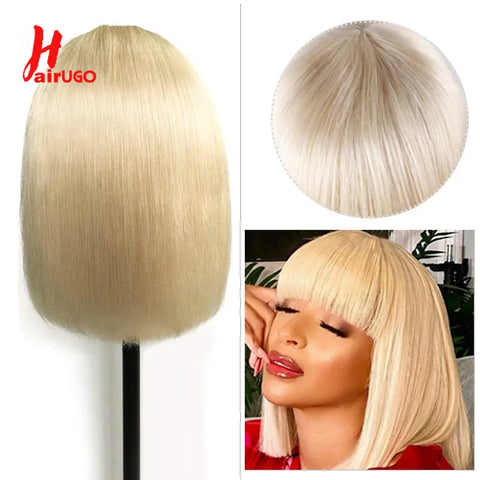 HairUGo 613# Blonde BOB Wig Human Hair Wig with Bangs Remy Full Machine Made Brazilian Human Hair Wigs For Woman