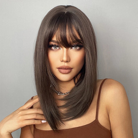 GEMMA Dark Brown BoBo Synthetic Wig with Bangs Shoulder Length Straight Wig for Women Cosplay Daily Hair Wig Heat Resistant Fibr