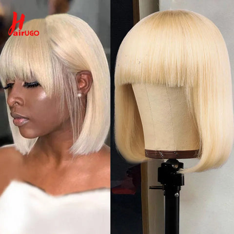 HairUGo 613# Blonde BOB Wig Human Hair Wig with Bangs Remy Full Machine Made Brazilian Human Hair Wigs For Woman