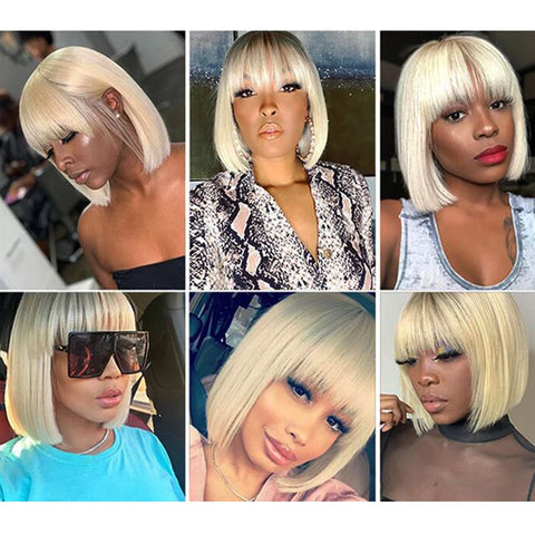 HairUGo 613# Blonde BOB Wig Human Hair Wig with Bangs Remy Full Machine Made Brazilian Human Hair Wigs For Woman