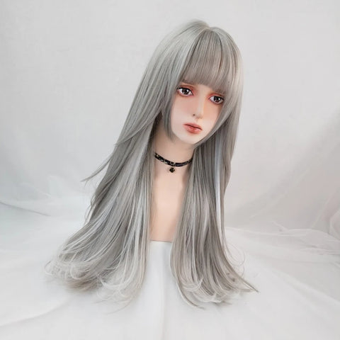 Women Long Synthetic Lolita Wig Gray Highlight Hanging Ear Dyeing Micro-Volume Wavy Cosplay Wigs