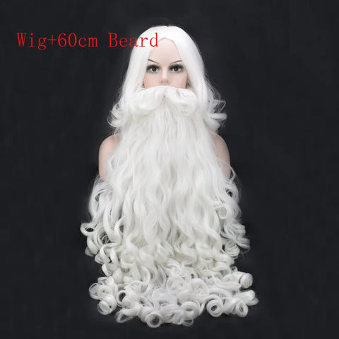 Christmas Cosplay Wig Beard Santa Claus White Curly Long Synthetic Hair Adult Halloween Cosplay Costume Gift Role Play +Wig Cap
