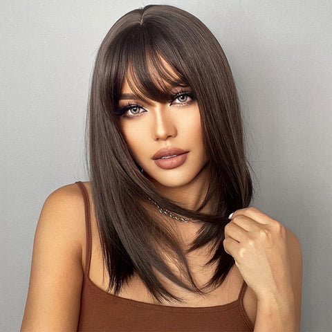 GEMMA Dark Brown BoBo Synthetic Wig with Bangs Shoulder Length Straight Wig for Women Cosplay Daily Hair Wig Heat Resistant Fibr